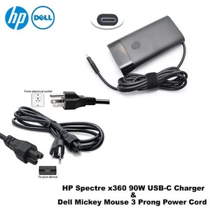 HP Spectre x360 90W USB-C Charger & Dell Mickey Mouse 3-Prong Power Cord Combo - Picture 1 of 1