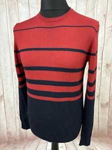 Jaeger Mens Jumper Sweater Medium Navy Blue Red Striped 100% Merino Wool Knit - Picture 1 of 14