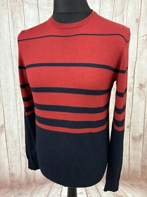 Jaeger Mens Jumper Sweater Medium Navy Blue Red Striped 100% Merino Wool Knit - Image 1 of 4