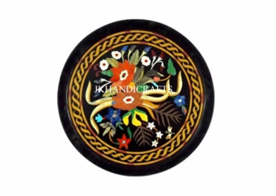 15" Black Marble Console Table Top Gemstones Ancient Design Inlay Work - Image 1 of 3