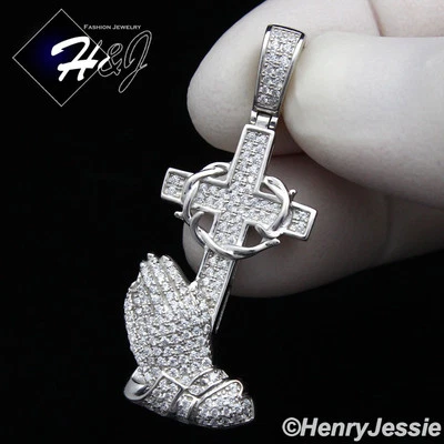 HOMBRE MUJER PLATA ESTERLINA 925 ICY BLING CIRCONITA 3D MANOS DE ORACIÓN COLGANTE CRUZ*SP134 Foto 1 de 4