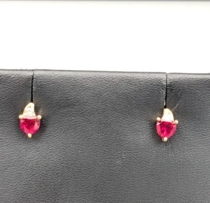 10k Yellow Gold Lab Created Ruby Heart & Diamond Accents Stud Earrings - Picture 1 of 11
