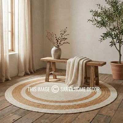 Off-white/beige braided jute round rug: natural, reversible, modern rustic decor - Image 1 of 4