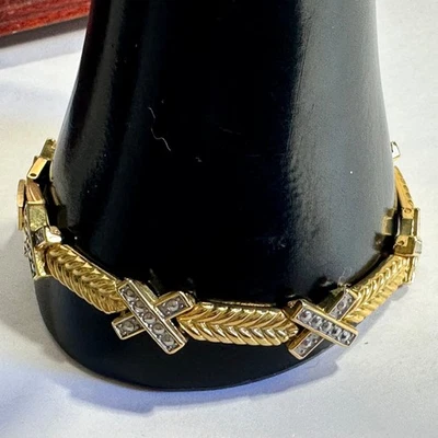 Pulsera Tenis Tono Dorado Paneles Hojas Marcasita X’s Caja Cierre Silencioso Lujo Foto 1 de 4