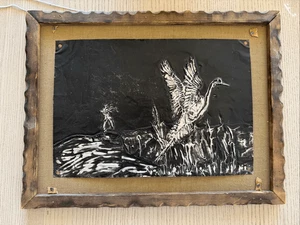 1950-1970 metal embossed artwork repousse handmade aluminum tin hunting heron ma - Picture 1 of 6