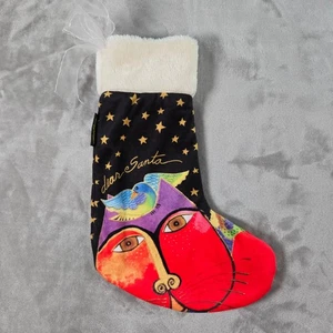 Laurel Burch Lieber Weihnachtsmann Katze Vogel klein Weihnachten Urlaub Strumpf abstrakte Gesichter - Bild 1 von 7