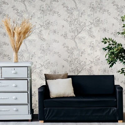 Floral tan gray gold metallic apple tree branches birds textured wallpaper rolls - Image 1 of 4