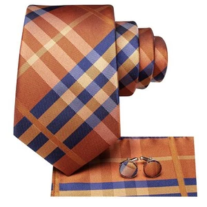 Men's Orange and Blue Plaid Tie Pocket Square Cufflinks Set Woven Formal Part... - Picture 1 of 6