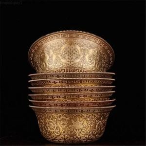 7pcs/set Buddhist Carved Copper Patina Eight Auspicious Water Holy Cups Buddha - Picture 1 of 4