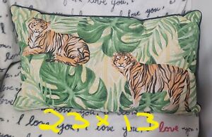 Allen and Roth Outdoor 23" inch Long Pillow w Tigers on Green Leaves Excellent