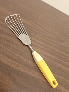 Vtg Slotted Fish Spatula Stainless Turner Strainer Yellow/White Handle 12"  - Picture 1 of 8