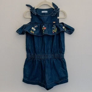 Mayoral Embroidered Denim Romper Girls Size 4 – Ruffle Floral Summer Playsuit - Picture 1 of 4