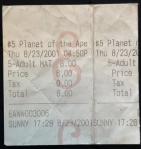 Planet der Affen 2001 Kino Ticket Stub Eröffnungsmonat Tim Burton - Bild 1 von 2