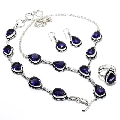 Conjunto de collar, pulsera, anillo, pendiente de joyería de plata 925 con piedras preciosas de amatista Foto 1 de 3