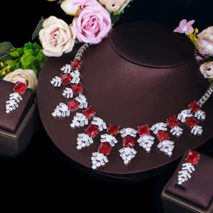 Juego de joyas collar colgante de cristal de tenis cuadrado rojo circonita cúbica plateado - Imagen 1 de 7