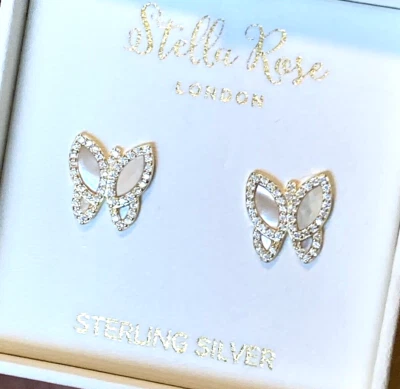 Pendientes Stella Rosa Oro/Plata Esterlina Madreperla Fregona Circonita Mariposa Tachuela Foto 1 de 4