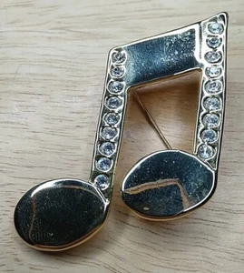 Vintage JJ Jonette?? Brooch Pin Clear Crystals Gold Tone Music Note - Picture 1 of 2