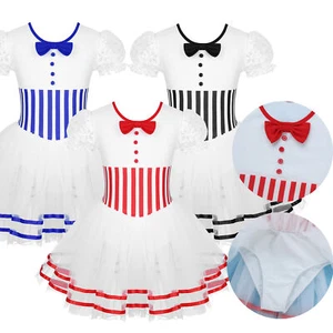 Girls Puff Sleeves Stripe Printed Figure Ice Skating Leotard Tutu Dance Dress - Picture 1 of 44