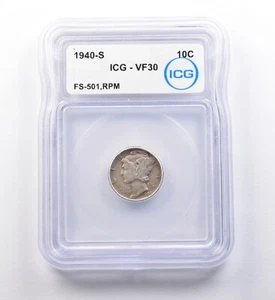 1940-S Mercury Dime FS-501 RPM VF30 ICG *9722 - Picture 1 of 3