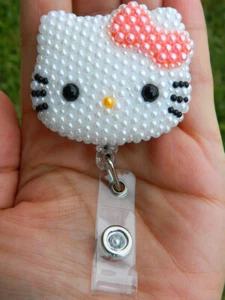 Bling Pearled out Pink Bow Kitty Badge Reel, Name Tag ID Badge Holder - Picture 1 of 3
