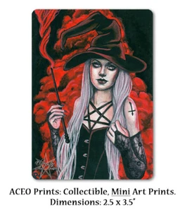 ACEO LE PRINT Gothic Hexe okkult rot schwarz Zauberstab böse Korsett dunkle Mütze ATC - Bild 1 von 3