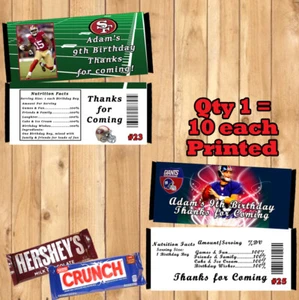 Football NFL Birthday Candy Bar Wrappers 10 ea Personalized Any Team Any Player - Picture 1 of 7
