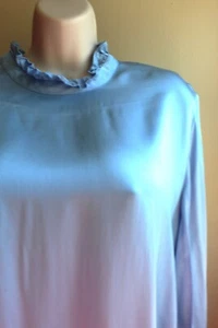 ZARA Satin Shirt Womans XL Heavenly Blue Viscose Ruffle Neck L/S Back Button - Picture 1 of 8