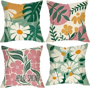Hello Spring Daisy Flower Decorative Throw Pillow Covers 18 x 18 Set of 4, Boho - Picture 1 of 13
