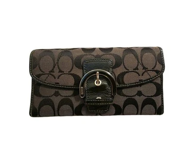 Carteira Coach preta e cinza tríplice assinatura C couro e lona excelente estado usado  - Imagem 1 de 4