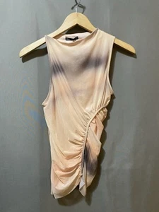 Neu ohne Etikett Zara ärmelloses asymmetrisches gerafftes Netz-Tanktop für Damen Größe S pfirsichfarben/schwarz gefärbt - Bild 1 von 14