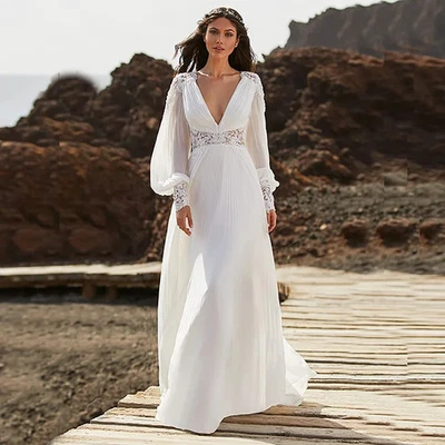 Charming Boho Lace Bridal  Gowns Long Sleeve Plunge V Neckline Backless Wedding - Image 1 of 4