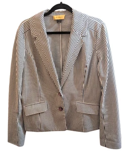 St John Classy Navy & White Stripe Two Button Seersucker Blazer Jacket, Size 12 - Picture 1 of 11