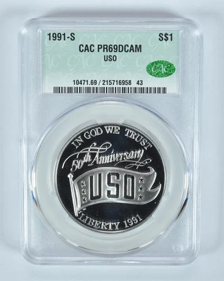 1991-S USO 50th Anniversary Commemorative Silver Dollar PR69 DCAM CAC CACg *1244 - Image 1 of 4