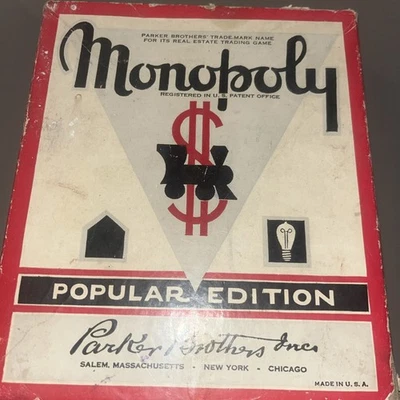 1951-52 Monopoly Edición Popular Juego y Tablero Etiqueta Verde Casas, Piezas Tarjetas Foto 1 de 2