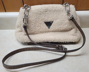 Guess Purse Crossbody Shoulder Bag Sherpa Look Tunney Flap Cream Brown - Picture 1 of 9