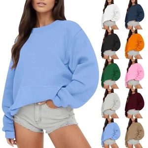 Women's Solid Color O Neck Oversized Sweatshirt Loose Fit Long Sleeve Blouse - Picture 1 of 44