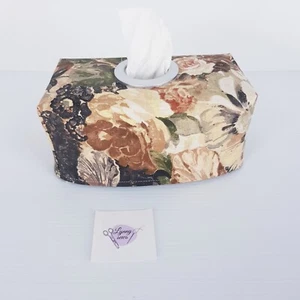 Tissue Box Cover Handmade Vintage Floral Fabric Brown Silver Circle Opening - Picture 1 of 18
