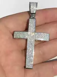 Large 2"x1.5" Iced Out Real Large 2"x1.Cross Pendant Solid 14k White Gold Plated - Picture 1 of 6