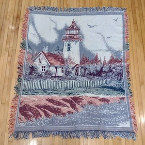 Vintage Lighthouse Woven Tapestry Throw Blanket Fringe Nautical Spain 48 X 55 - Picture 1 of 11