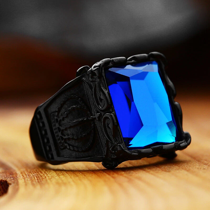 Anillo de boda retro corona azul circonita cúbica acero inoxidable vintage para hombre anillo negro Foto 1 de 2