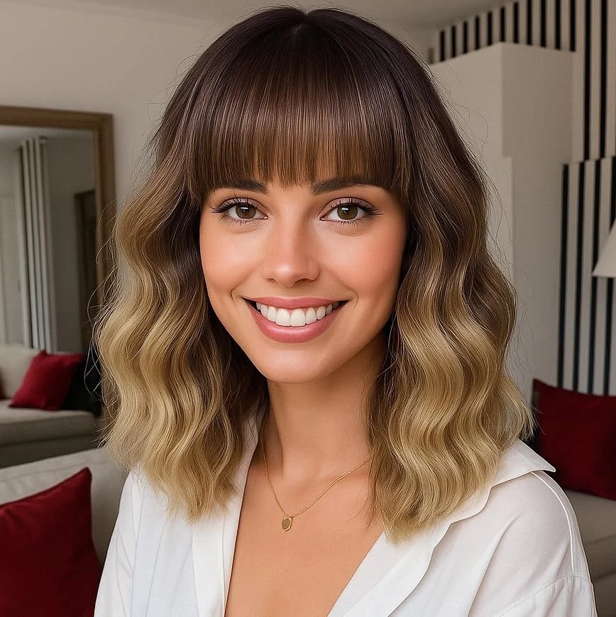 Peluca Rubia 12 Pulgadas Corto Ombre Destacados Bob Peluca Flequillo Ondulado Pelo Rizado Actriz Foto 1 de 4