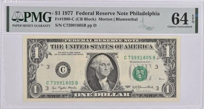 PMG Choice Unc 64 EPQ $1 1977 Philadelphia, PA Federal Reserve Fr#1909-C *1950 - Image 1 of 3