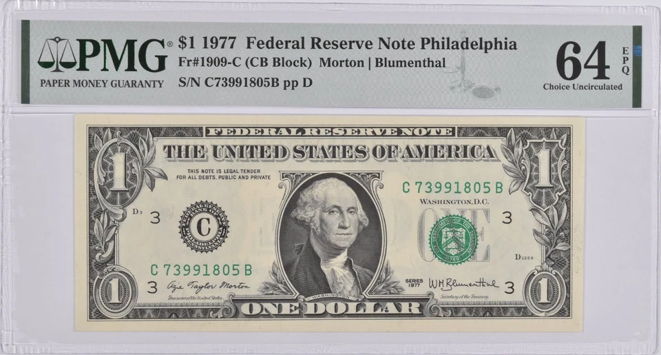 PMG Choice Unc 64 EPQ $1 1977 Philadelphia, PA Federal Reserve Fr#1909-C *1950 - Image 1 of 3