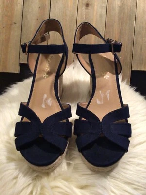 American Eagle Women's Size 9 Dark Blue  Espadrille Wedge Sandal Slingback Heel - Image 1 of 4