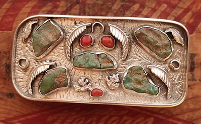 Hebilla de cinturón occidental coral turquesa plata esterlina hecha a mano nativo americano de colección Foto 1 de 4