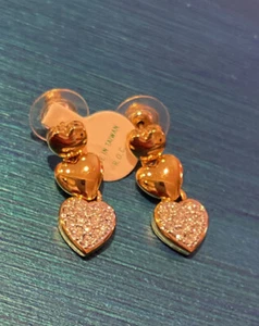 Vintage New Old Stock Earrings Dangle Pierced Gold Tone Crystal Hearts - Picture 1 of 6