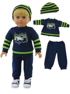 Jungenpuppe Kleidung 18" Hose blaues Shirt marinegrün Hot Rod Automütze passt AG Puppen - Bild 1 von 3