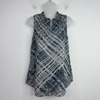 Cabi Shirt Womens M Gray Abstract Geometric Ruffle Neck Keyhole Career Office - Image 1 of 4