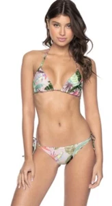NWOT Pilyq PQ Pink Tropical leaves Beaded Bikini Swim Top M & Bottom S 118327 - Picture 1 of 9