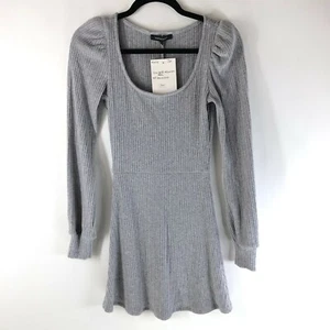 Olivaceous Mini Dress A Line Long Sleeve Knit Puff Sleeve Scoop Neck Gray Size S - Picture 1 of 3
